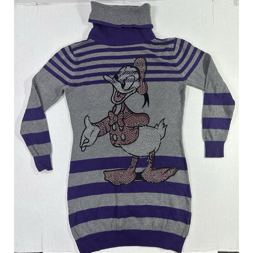 Disney Daisy Duck Sweater Dress Rhinestone Graphic Purple Gray Striped L